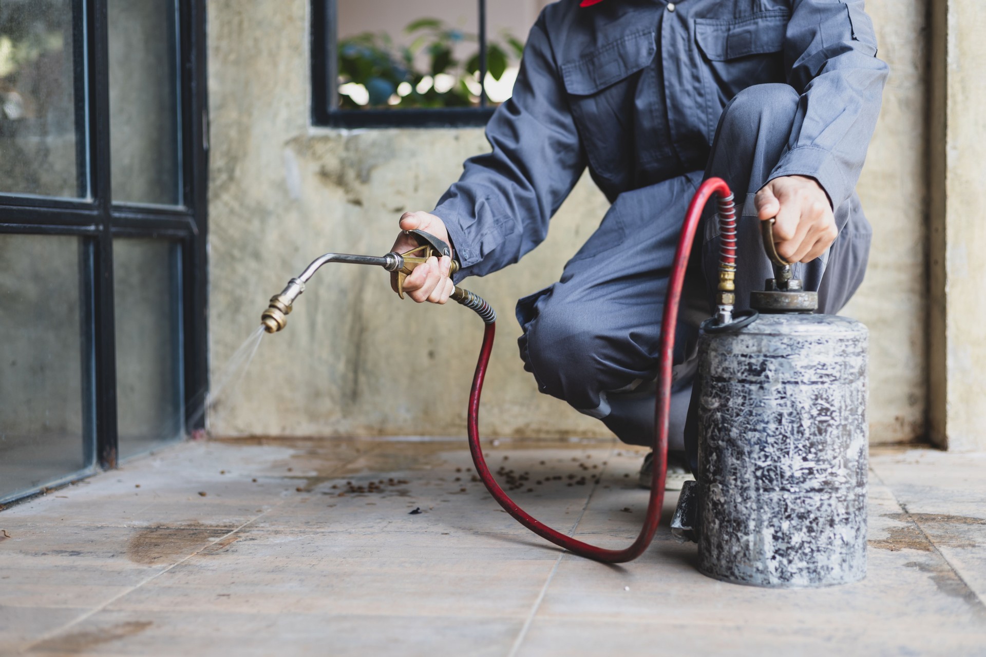 Professional exterminator in work wear spraying pesticide or insecticide with sprayer tank.